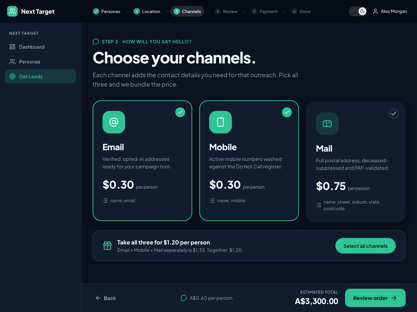 The channels step: Email and Mobile selected, each card showing its price per person and the fields it adds to the file