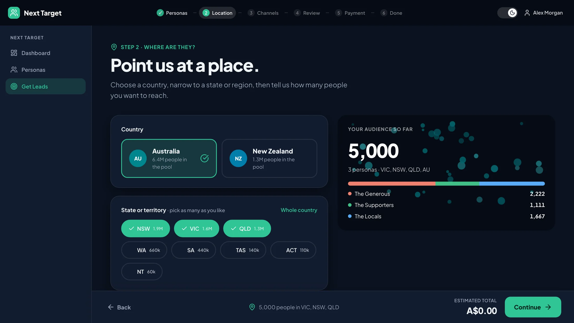 The list builder's location step: Australia with NSW, VIC and QLD selected, and an audience of 5,000 people split across three personas